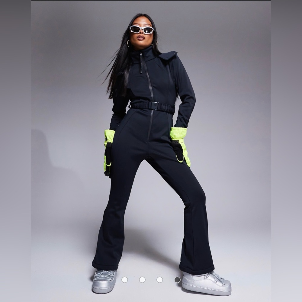 ASOS petit belted ski suit with slim kick legs and faux fur hood (0P, Black)